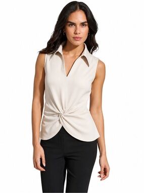 Calvin Klein Cream Sleeveless Knot-Front Collared Top XL